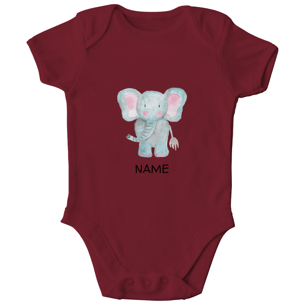 Baby Kurzarm Body "Little Elephant" in Burgundy Weinrot: Handgezeichnetes Elefanten-Tiermotiv in Blau- und Rosatönen, personalisierbar mit Namen