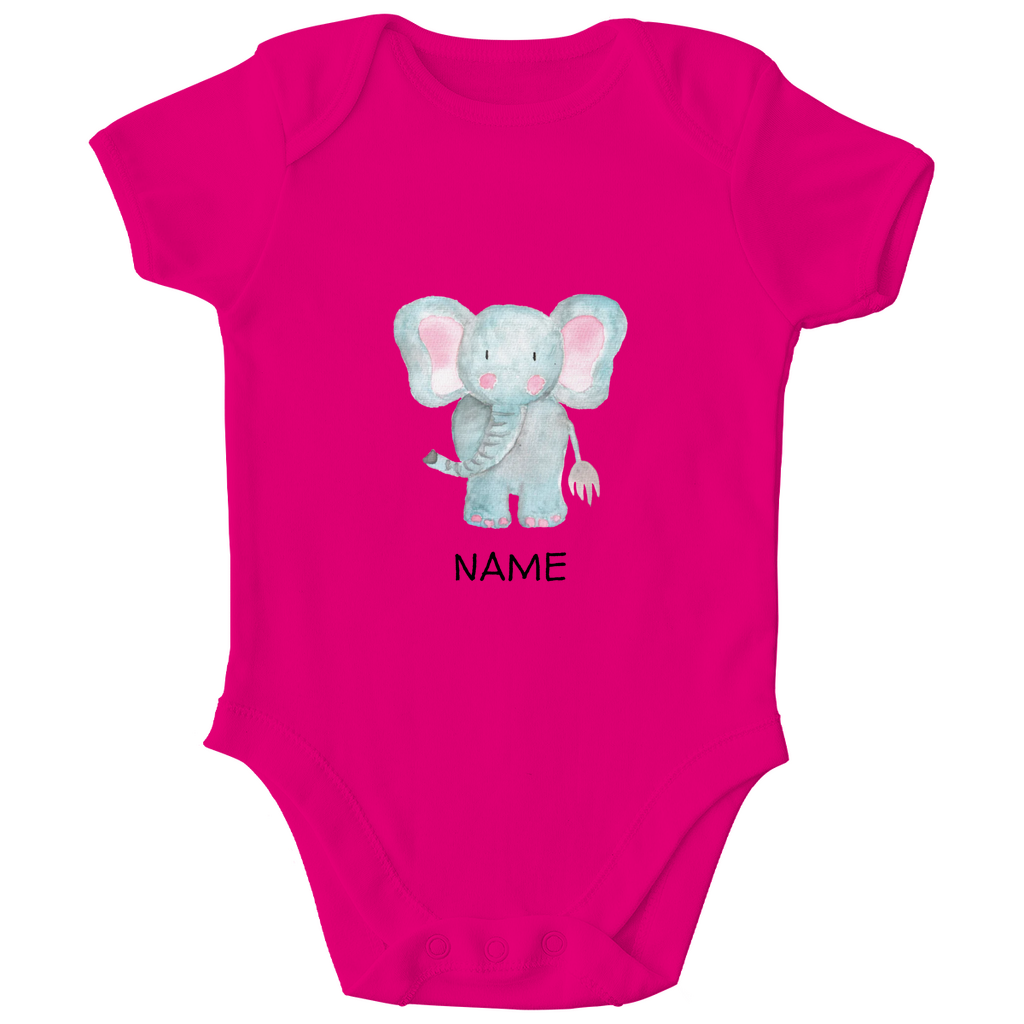 Baby Kurzarm Body "Little Elephant" in Fuchsia Magenta Pink: Handgezeichnetes Elefanten-Tiermotiv in Blau- und Rosatönen, personalisierbar mit Namen