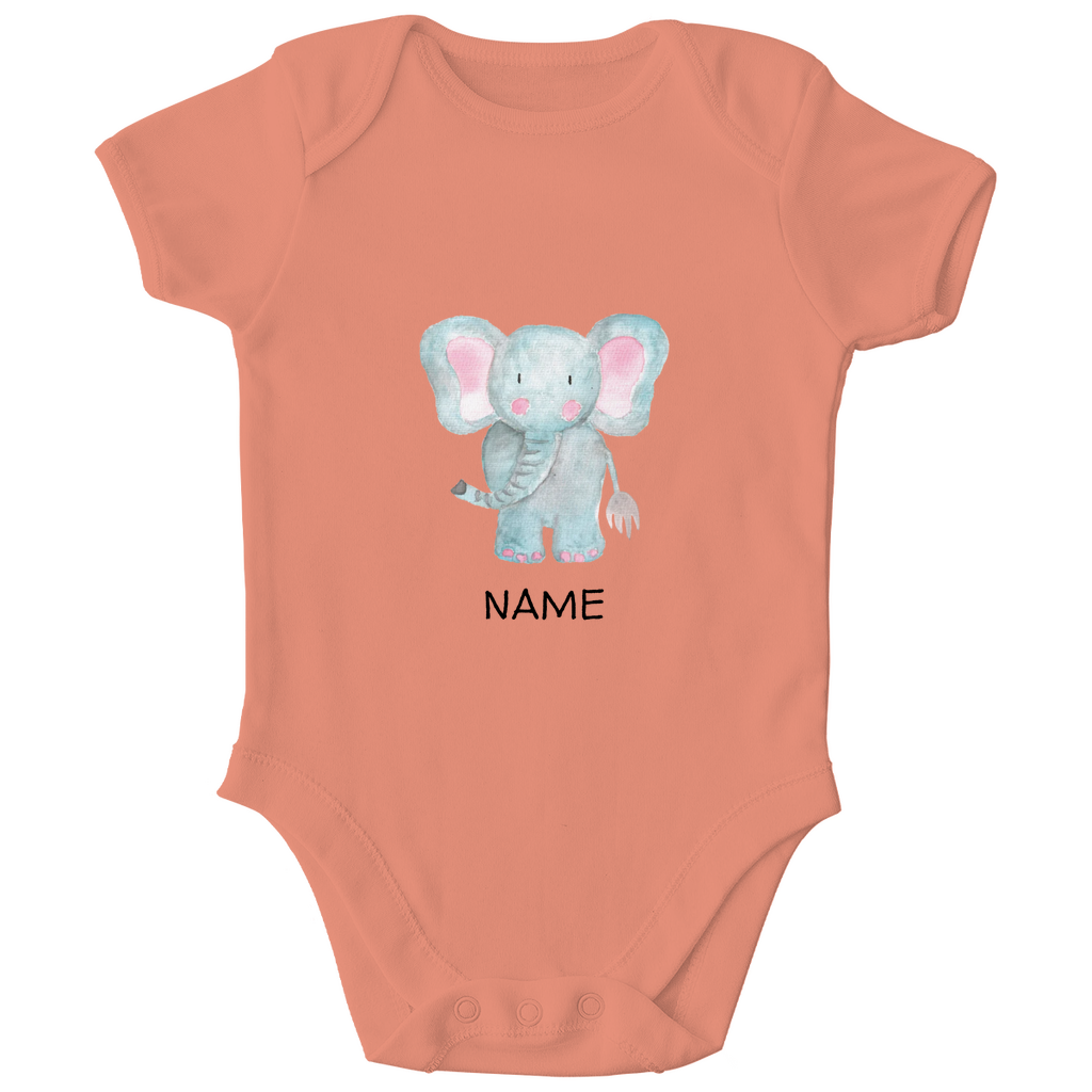 Baby Kurzarm Body "Little Elephant" in Orange: Handgezeichnetes Elefanten-Tiermotiv in Blau- und Rosatönen, personalisierbar mit Namen