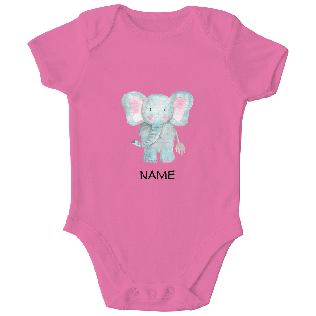 Baby Kurzarm Body "Little Elephant" in Rosa: Handgezeichnetes Elefanten-Tiermotiv in Blau- und Rosatönen, personalisierbar mit Namen