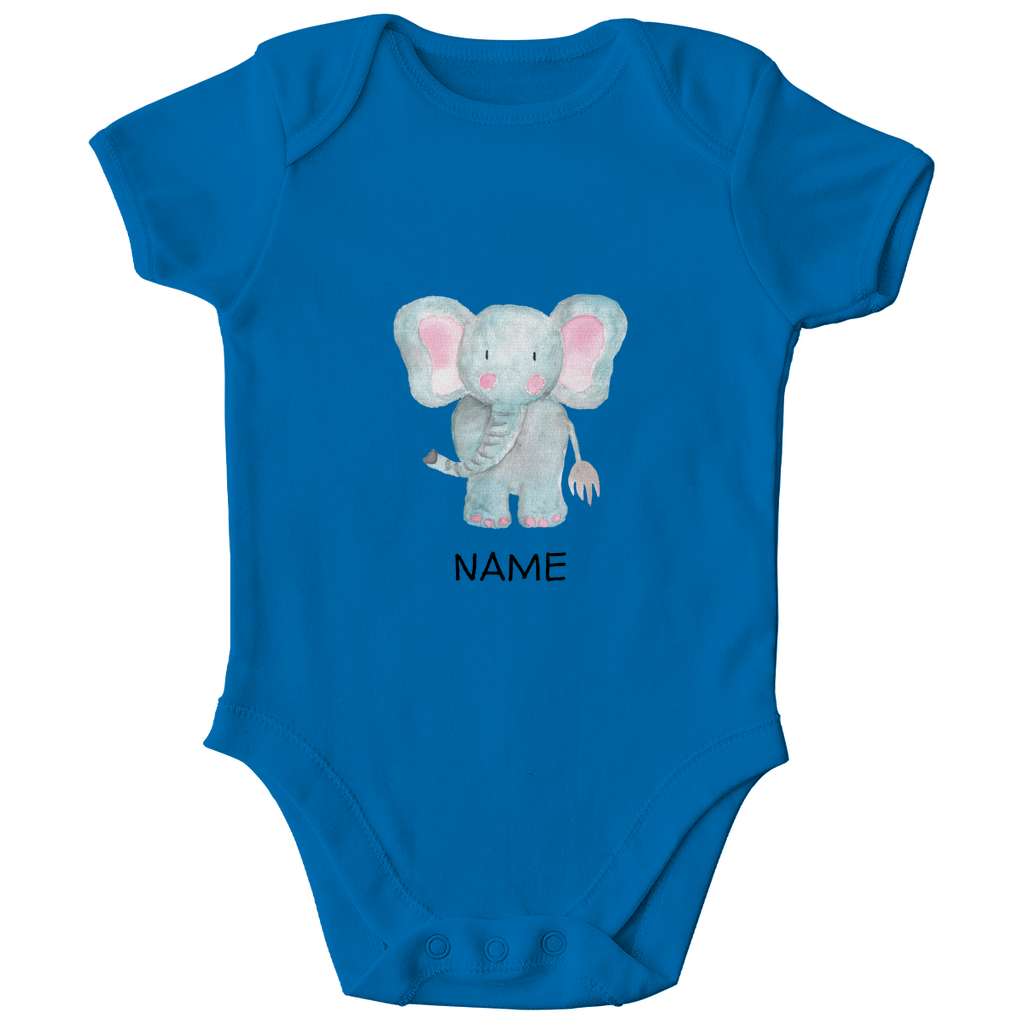Baby Kurzarm Body "Little Elephant" in Royal Blau: Handgezeichnetes Elefanten-Tiermotiv in Blau- und Rosatönen, personalisierbar mit Namen