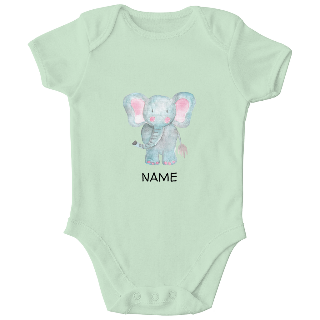 Baby Kurzarm Body "Little Elephant" in Sage: Handgezeichnetes Elefanten-Tiermotiv in Blau- und Rosatönen, personalisierbar mit Namen
