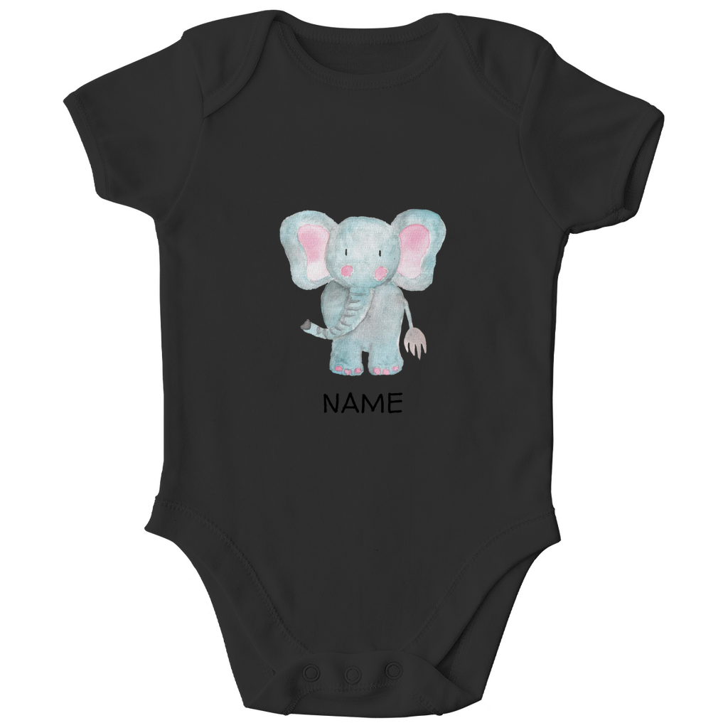 Baby Kurzarm Body "Little Elephant" in Schwarz: Handgezeichnetes Elefanten-Tiermotiv in Blau- und Rosatönen, personalisierbar mit Namen