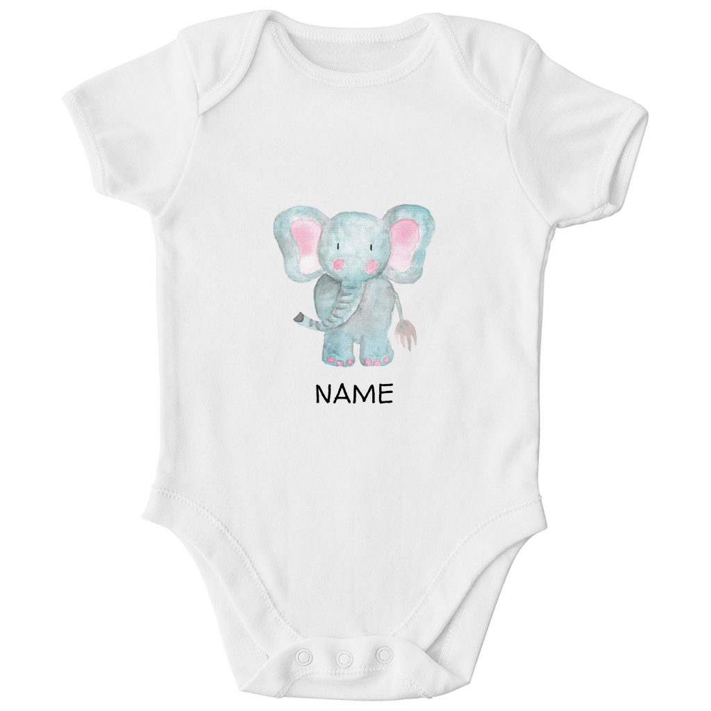 Baby Kurzarm Body "Little Elephant" in Weiß: Handgezeichnetes Elefanten-Tiermotiv in Blau- und Rosatönen, personalisierbar mit Namen