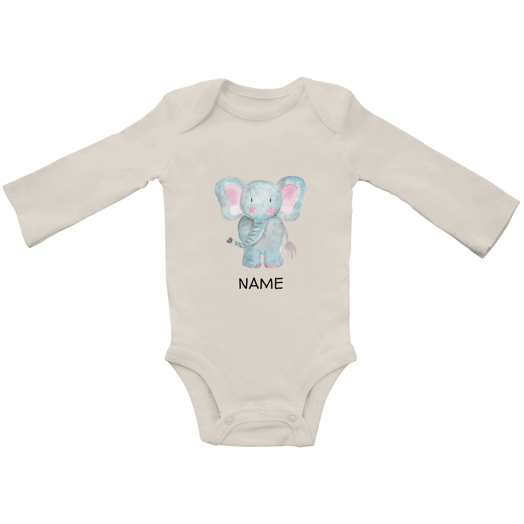 Baby Langarm Body "Little Elephant" in Beige: Handgezeichnetes Elefanten-Tiermotiv in Blau- und Rosatönen, personalisierbar mit Namen