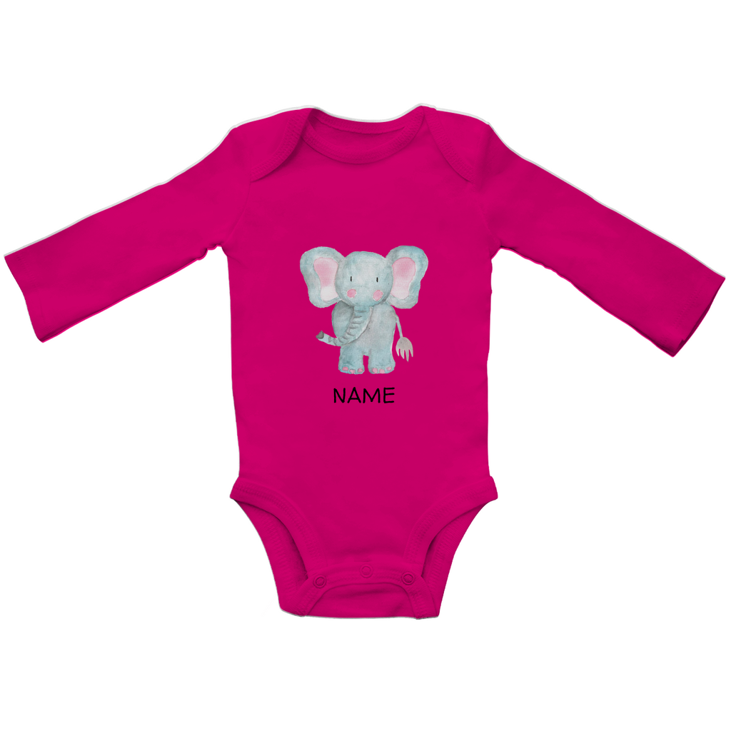 Baby Langarm Body "Little Elephant" in Fuchsia Magenta Pink: Handgezeichnetes Elefanten-Tiermotiv in Blau- und Rosatönen, personalisierbar mit Namen