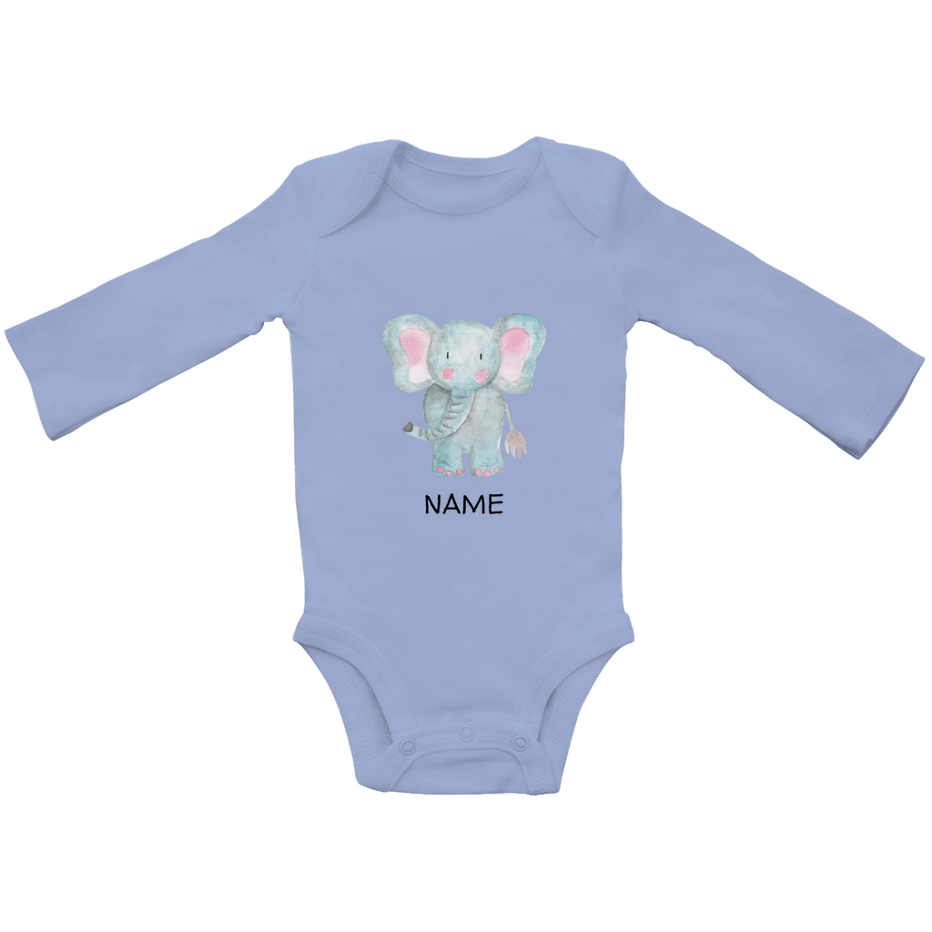 Baby Langarm Body "Little Elephant" in Hellblau: Handgezeichnetes Elefanten-Tiermotiv in Blau- und Rosatönen, personalisierbar mit Namen
