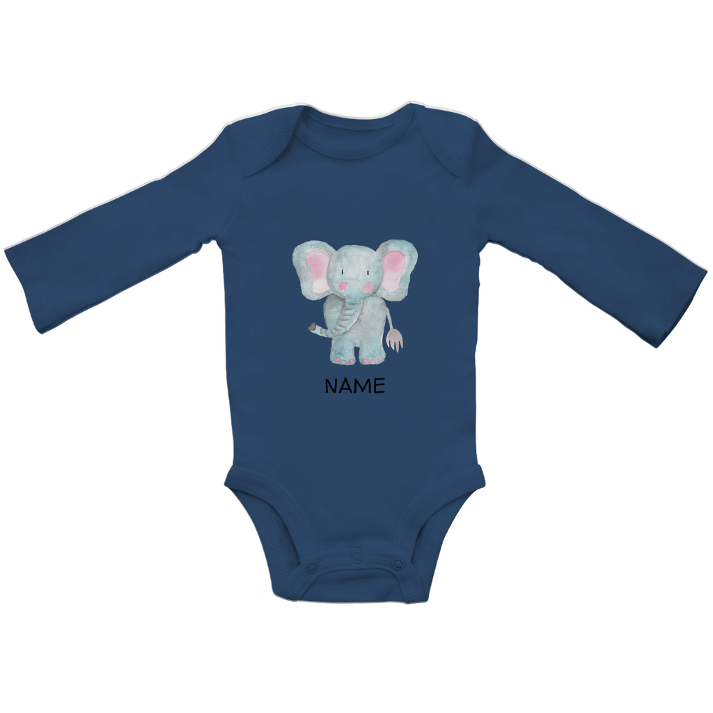 Baby Langarm Body "Little Elephant" in Navy Blau: Handgezeichnetes Elefanten-Tiermotiv in Blau- und Rosatönen, personalisierbar mit Namen