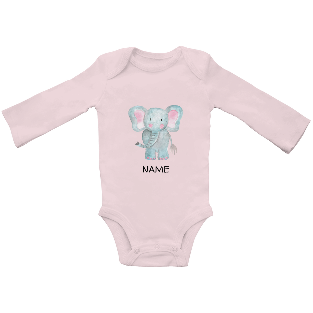 Baby Langarm Body "Little Elephant" in Rosa: Handgezeichnetes Elefanten-Tiermotiv in Blau- und Rosatönen, personalisierbar mit Namen