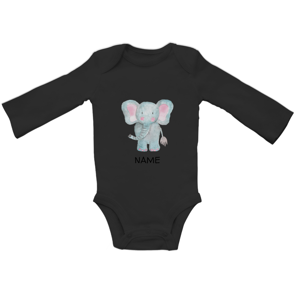 Baby Langarm Body "Little Elephant" in Schwarz: Handgezeichnetes Elefanten-Tiermotiv in Blau- und Rosatönen, personalisierbar mit Namen
