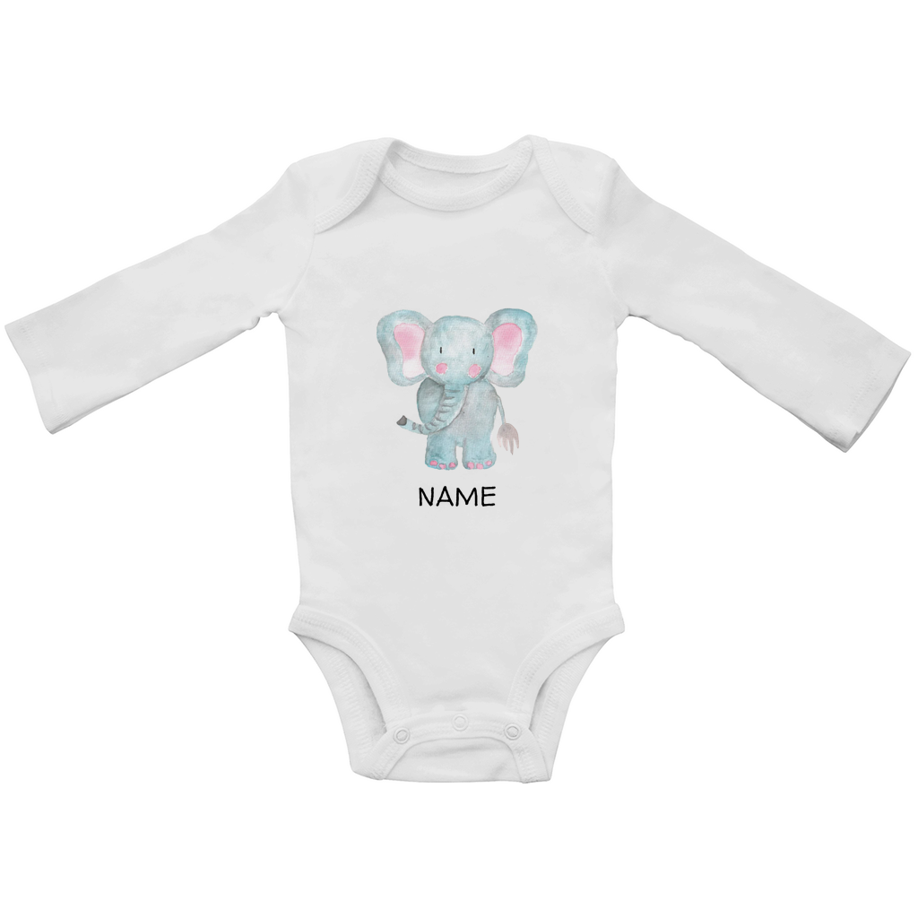 Baby Langarm Body "Little Elephant" in Weiß: Handgezeichnetes Elefanten-Tiermotiv in Blau- und Rosatönen, personalisierbar mit Namen