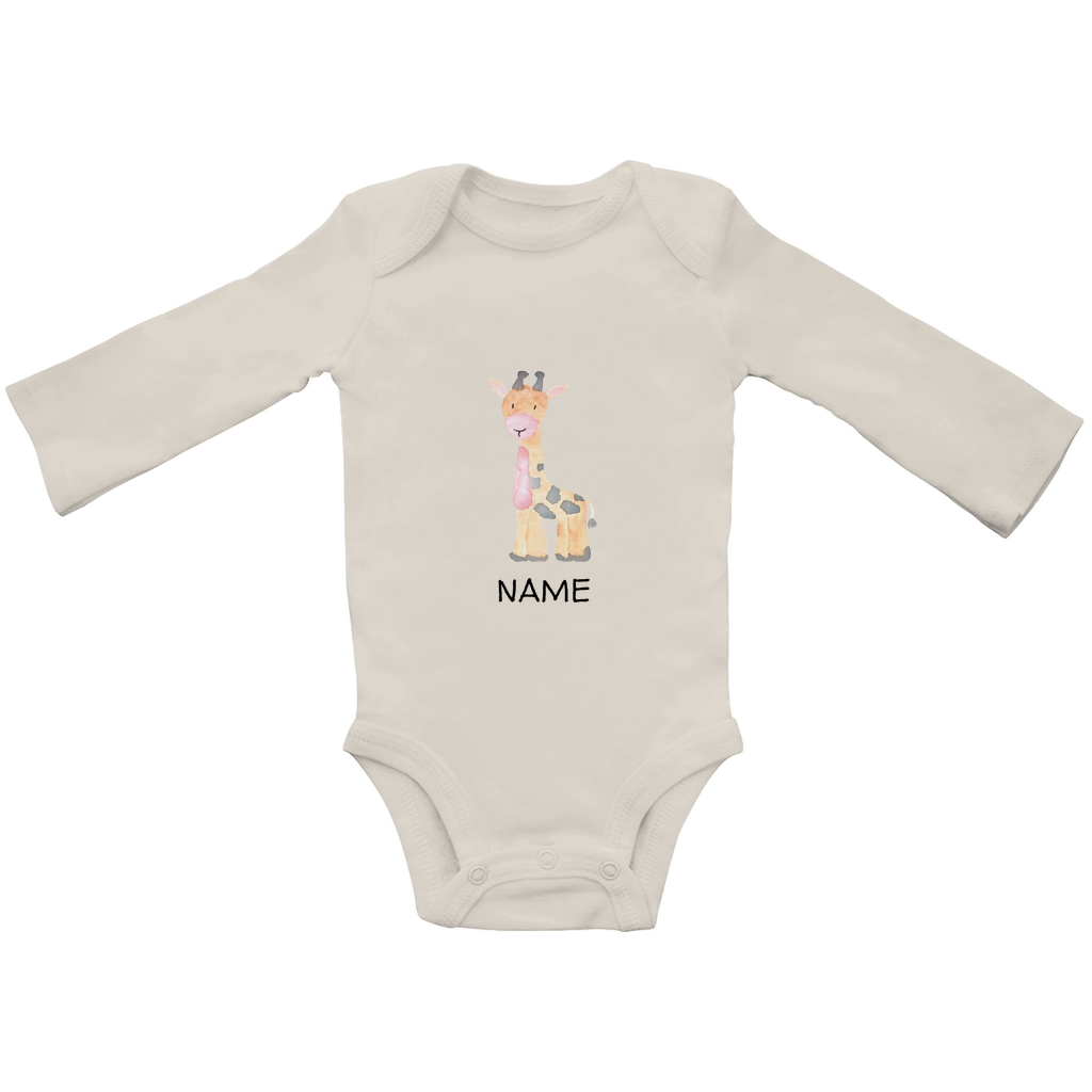 Baby Langarm Body "Little Giraffe" in Beige: Handgezeichnetes Giraffen-Tiermotiv in Gelb- und Grautönen, personalisierbar mit Namen