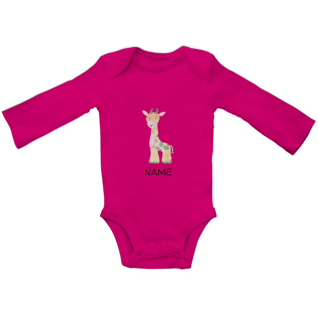 Baby Langarm Body "Little Giraffe" in Fuchsia Magenta Pink: Handgezeichnetes Giraffen-Tiermotiv in Gelb- und Grautönen, personalisierbar mit Namen