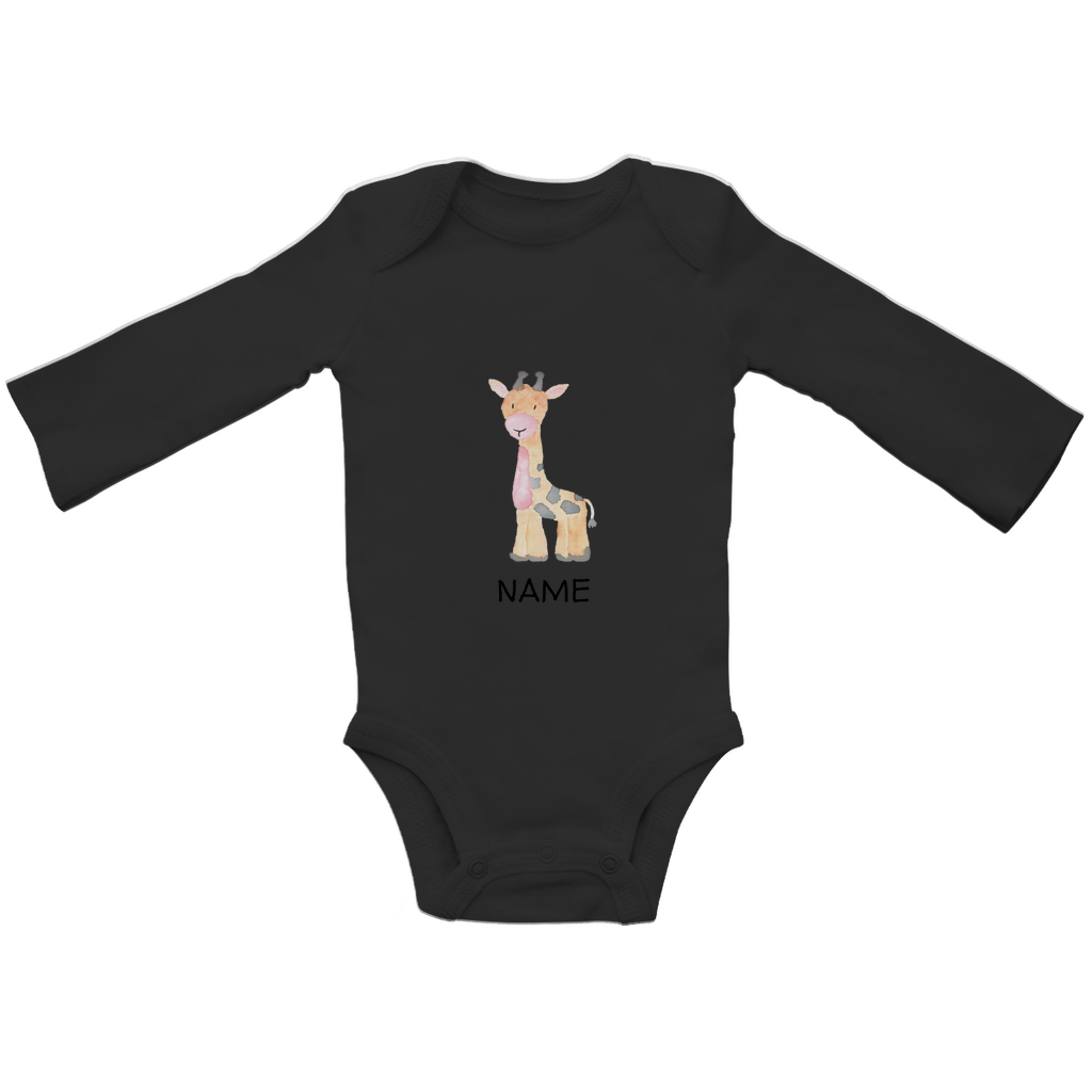Baby Langarm Body "Little Giraffe" in Schwarz: Handgezeichnetes Giraffen-Tiermotiv in Gelb- und Grautönen, personalisierbar mit Namen