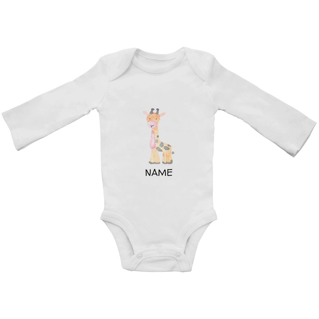 Baby Langarm Body "Little Giraffe" in weiss: Handgezeichnetes Giraffen-Tiermotiv in Gelb- und Grautönen, personalisierbar mit Namen