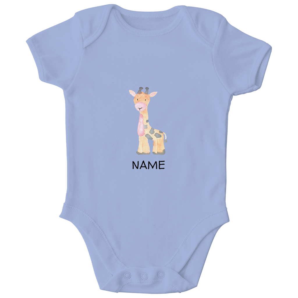 Baby Kurzarm Body "Little Giraffe" in Blau: Handgezeichnetes Giraffen-Tiermotiv in Gelb- und Grautönen, personalisierbar mit Namen
