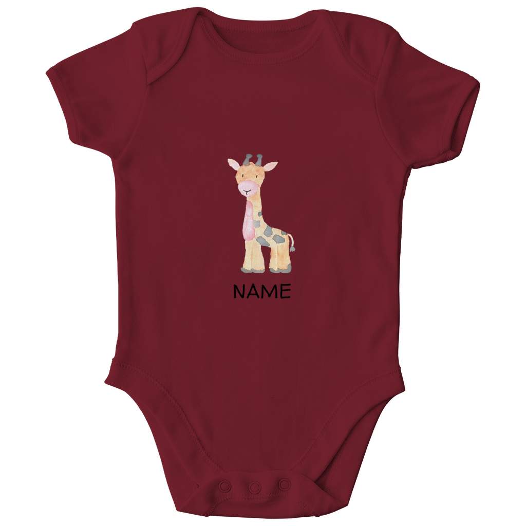 Baby Kurzarm Body "Little Giraffe" in Burgundy Wein-Rot: Handgezeichnetes Giraffen-Tiermotiv in Gelb- und Grautönen, personalisierbar mit Namen