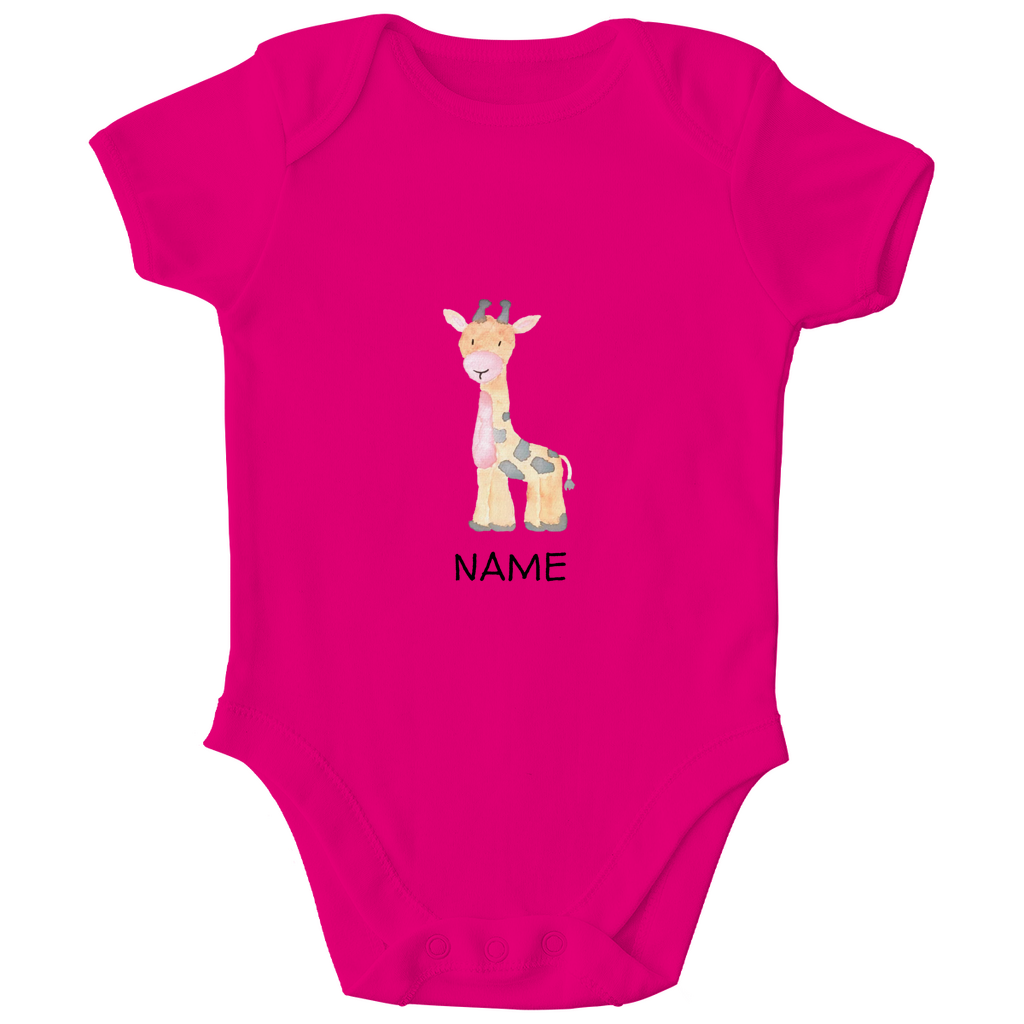 Baby Kurzarm Body "Little Giraffe" in Pink: Handgezeichnetes Giraffen-Tiermotiv in Gelb- und Grautönen, personalisierbar mit Namen