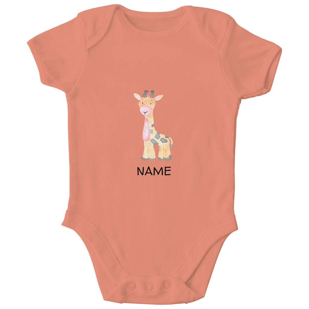 Baby Kurzarm Body "Little Giraffe" in Orange: Handgezeichnetes Giraffen-Tiermotiv in Gelb- und Grautönen, personalisierbar mit Namen