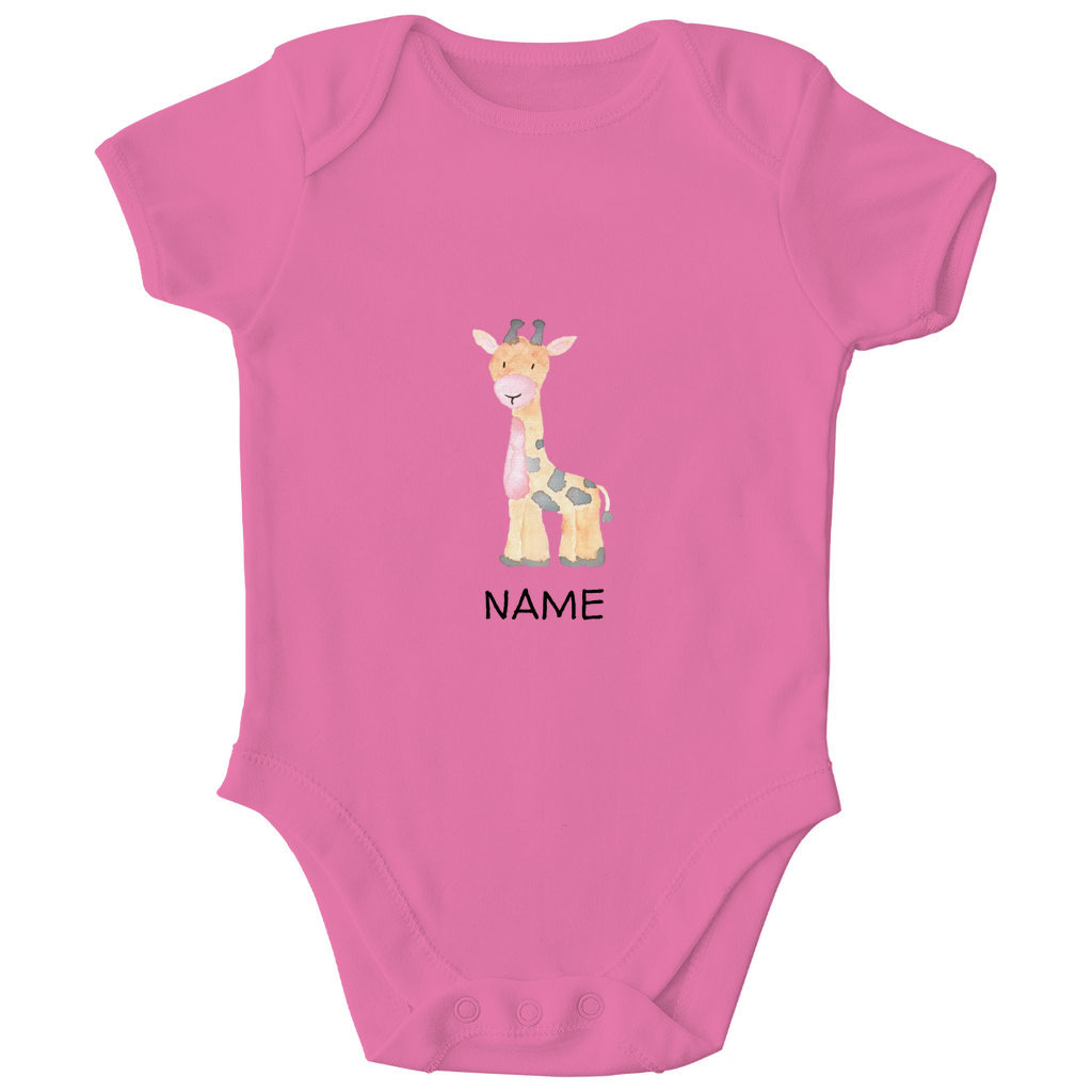 Baby Kurzarm Body "Little Giraffe" in Rosa: Handgezeichnetes Giraffen-Tiermotiv in Gelb- und Grautönen, personalisierbar mit Namen