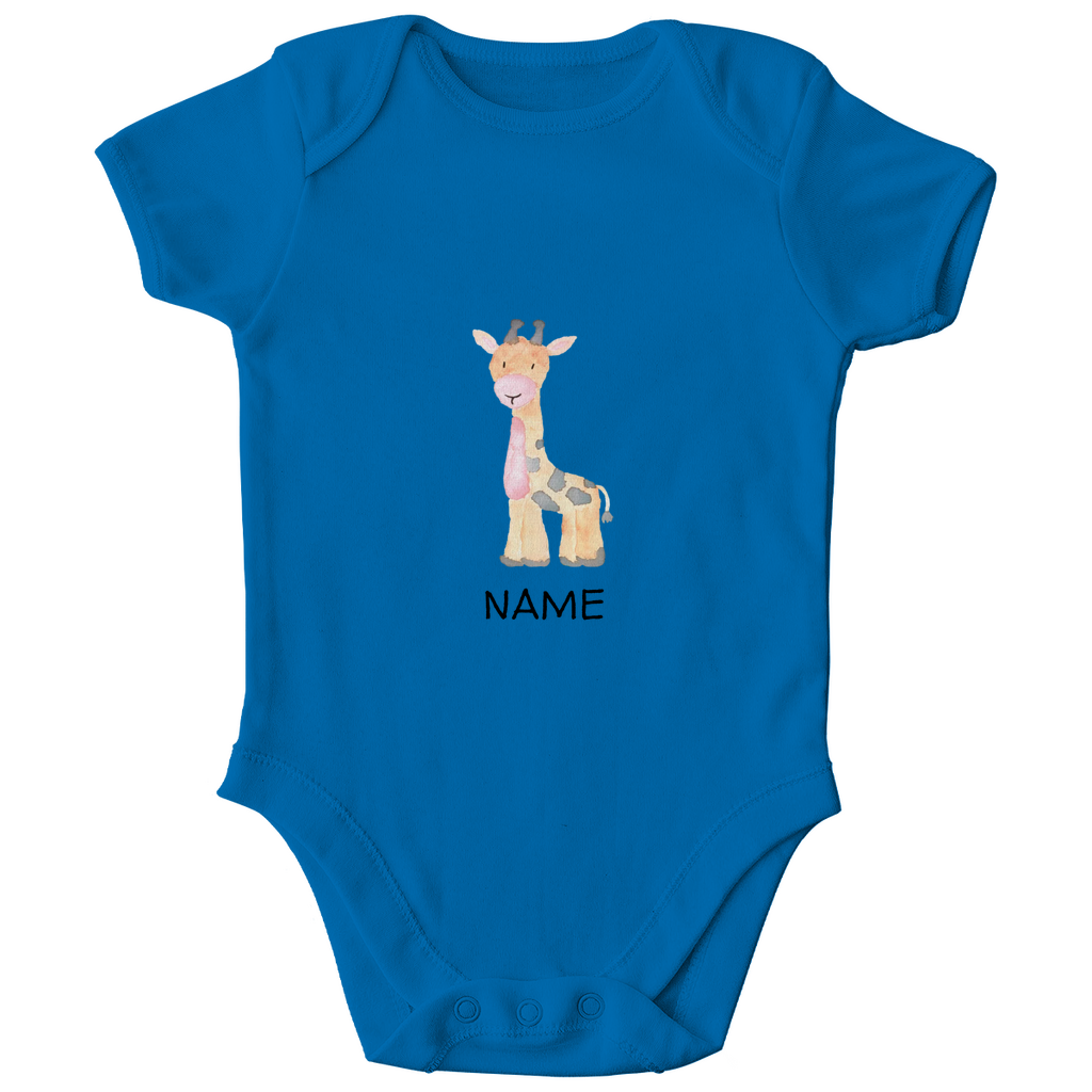 Baby Kurzarm Body "Little Giraffe" in Royal Blau: Handgezeichnetes Giraffen-Tiermotiv in Gelb- und Grautönen, personalisierbar mit Namen