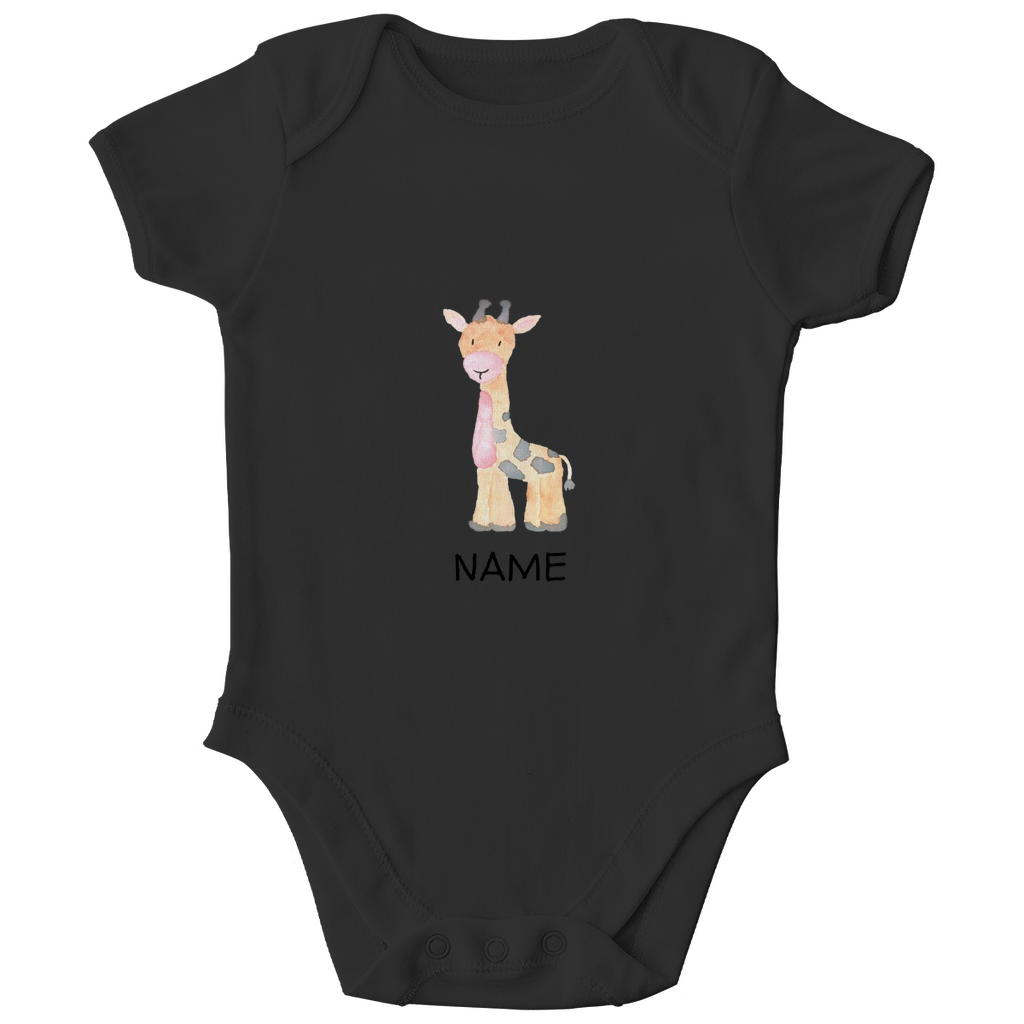 Baby Kurzarm Body "Little Giraffe" in Schwarz: Handgezeichnetes Giraffen-Tiermotiv in Gelb- und Grautönen, personalisierbar mit Namen
