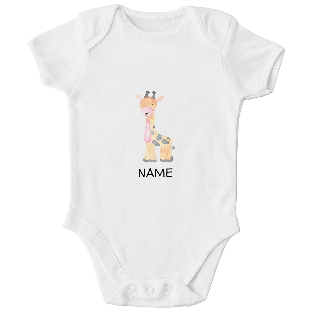 Baby Kurzarm Body "Little Giraffe" in Weiß: Handgezeichnetes Giraffen-Tiermotiv in Gelb- und Grautönen, personalisierbar mit Namen