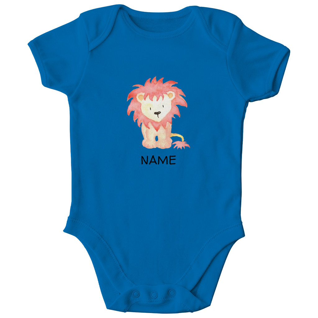 Baby Kurzarm Body "Little Lion" mit Löwen Motiv in Blau: Verspielter Löwe mit wilder Mähne, personalisierbar mit Wunschname