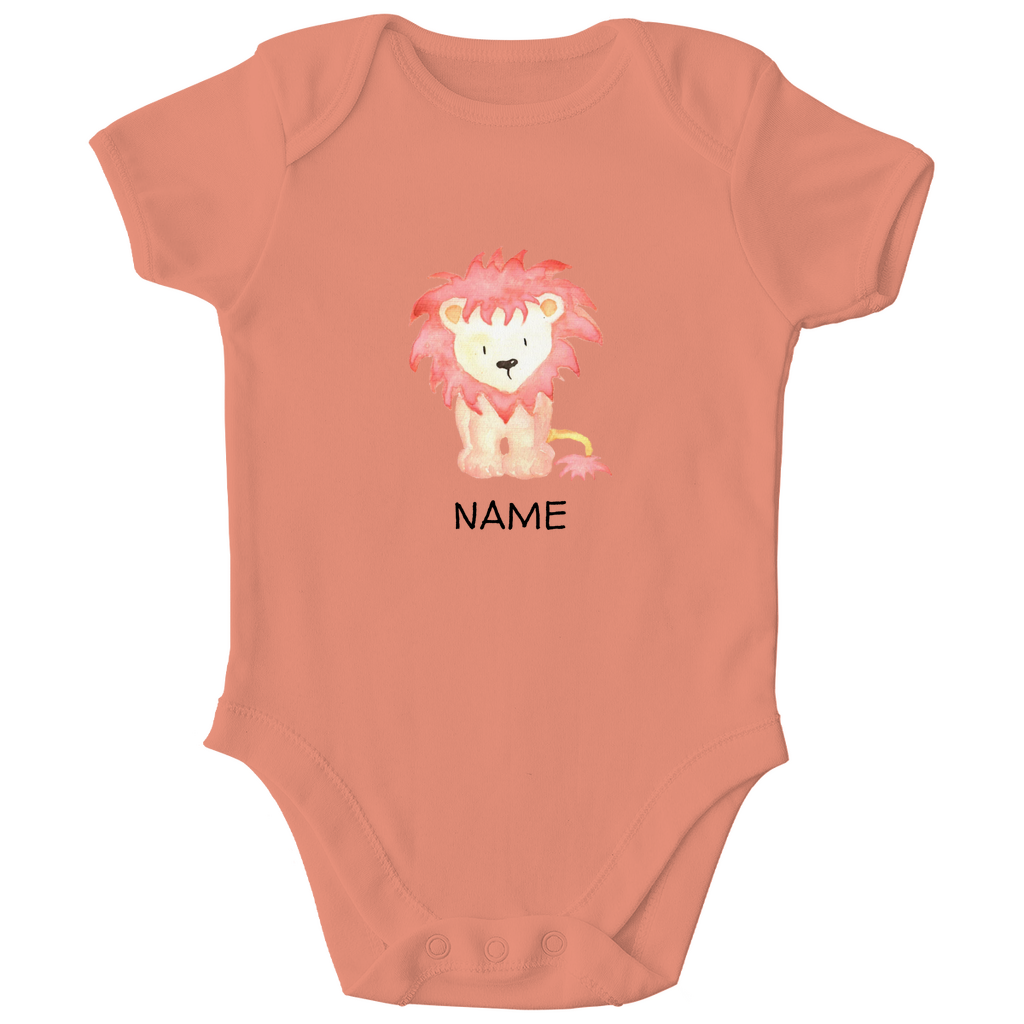 Baby Kurzarm Body "Little Lion" mit Löwen Motiv in Orange: Verspielter Löwe mit wilder Mähne, personalisierbar mit Wunschname