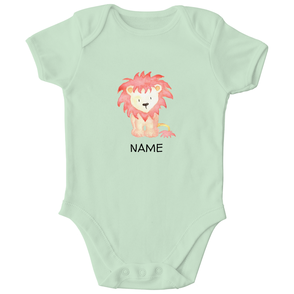 Baby Kurzarm Body "Little Lion" mit Löwen Motiv in Sage: Verspielter Löwe mit wilder Mähne, personalisierbar mit Wunschname