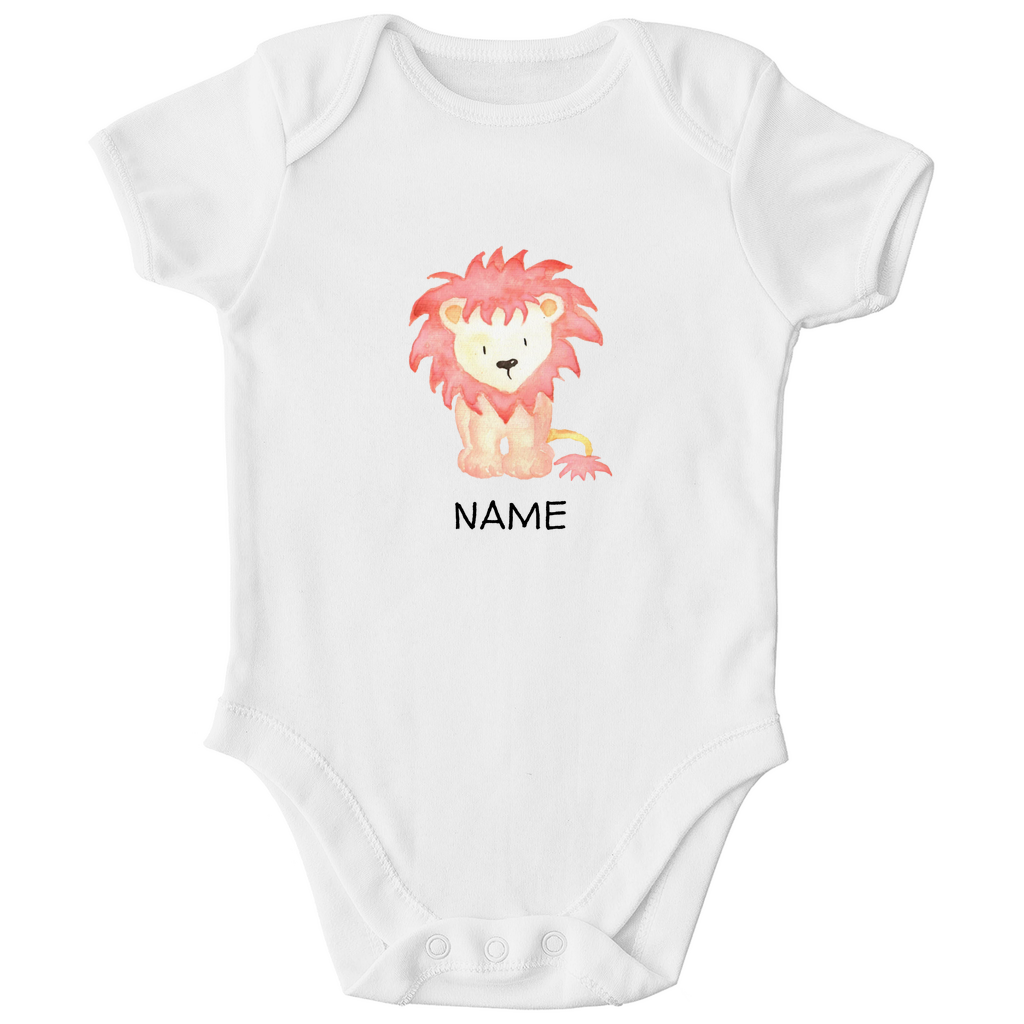 Baby Kurzarm Body "Little Lion" mit Löwen Motiv in Weiß: Verspielter Löwe mit wilder Mähne, personalisierbar mit Wunschname
