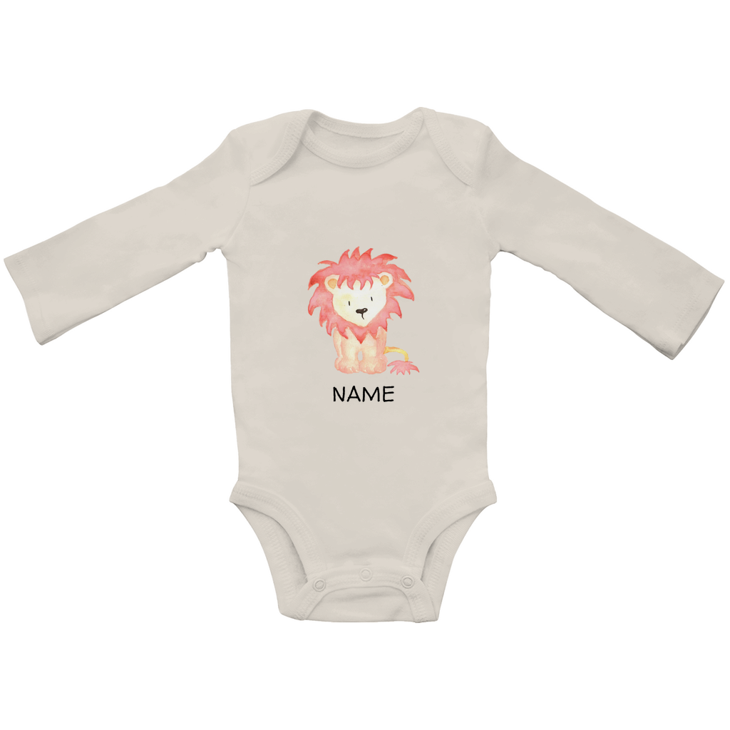 Baby Langarm Body "Little Lion" in Beige mit Löwen Motiv: Verspielter Löwe mit wilder Mähne, personalisierbar mit Wunschname
