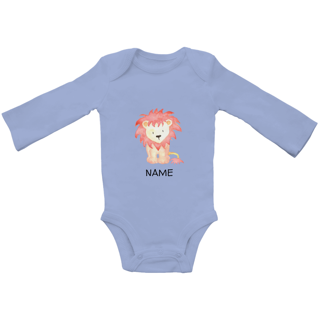 Baby Langarm Body "Little Lion" in Blau mit Löwen Motiv: Verspielter Löwe mit wilder Mähne, personalisierbar mit Wunschname