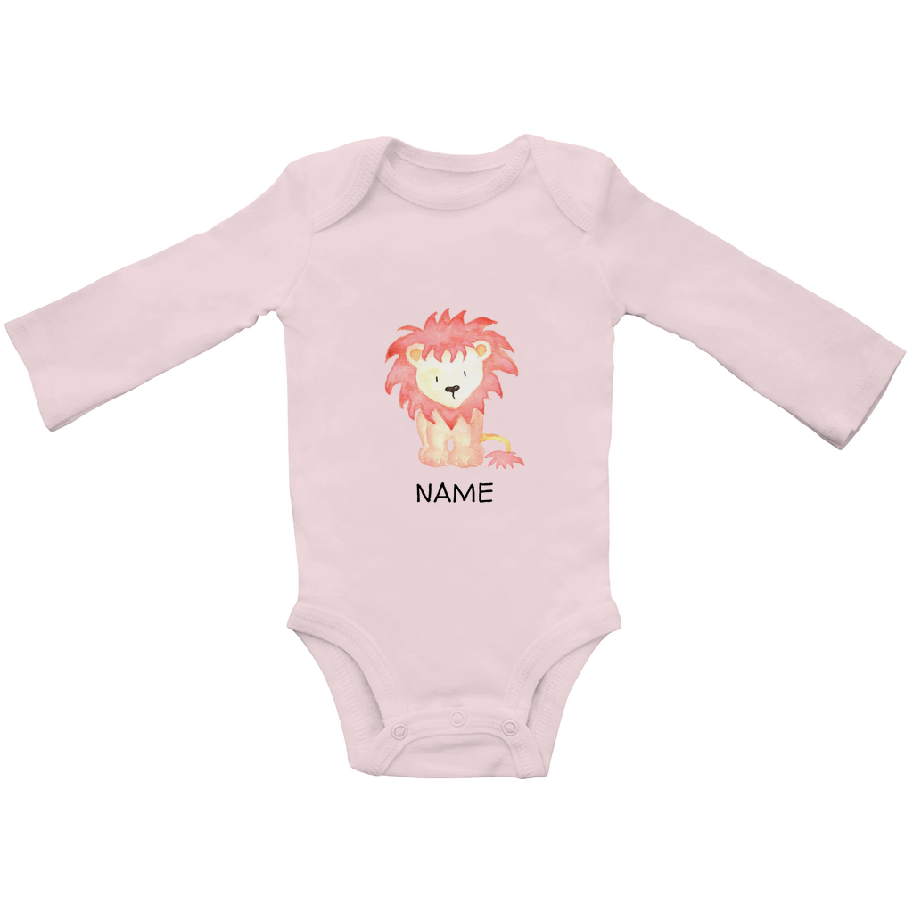 Baby Langarm Body "Little Lion" in Rosa mit Löwen Motiv: Verspielter Löwe mit wilder Mähne, personalisierbar mit Wunschname