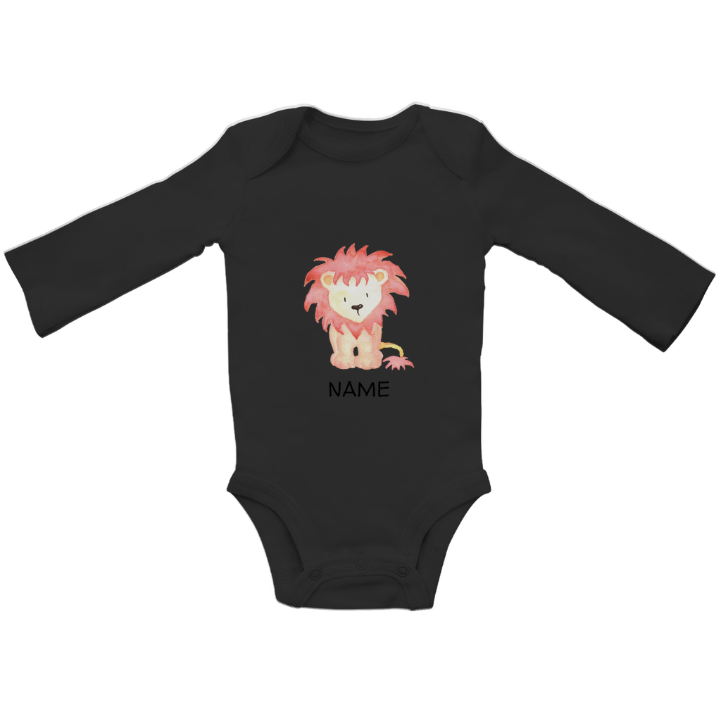Baby Langarm Body "Little Lion" in Schwarz mit Löwen Motiv: Verspielter Löwe mit wilder Mähne, personalisierbar mit Wunschname