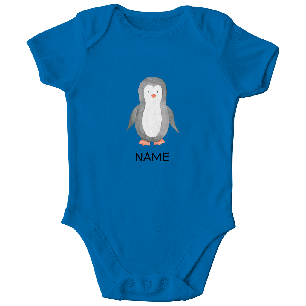 Baby Kurzarm Body "Little Penguin" mit Pinguin Motiv in Blau: Handgezeichneter Pinguin in Aquarell-Optik, personalisierbar mit Wunschname