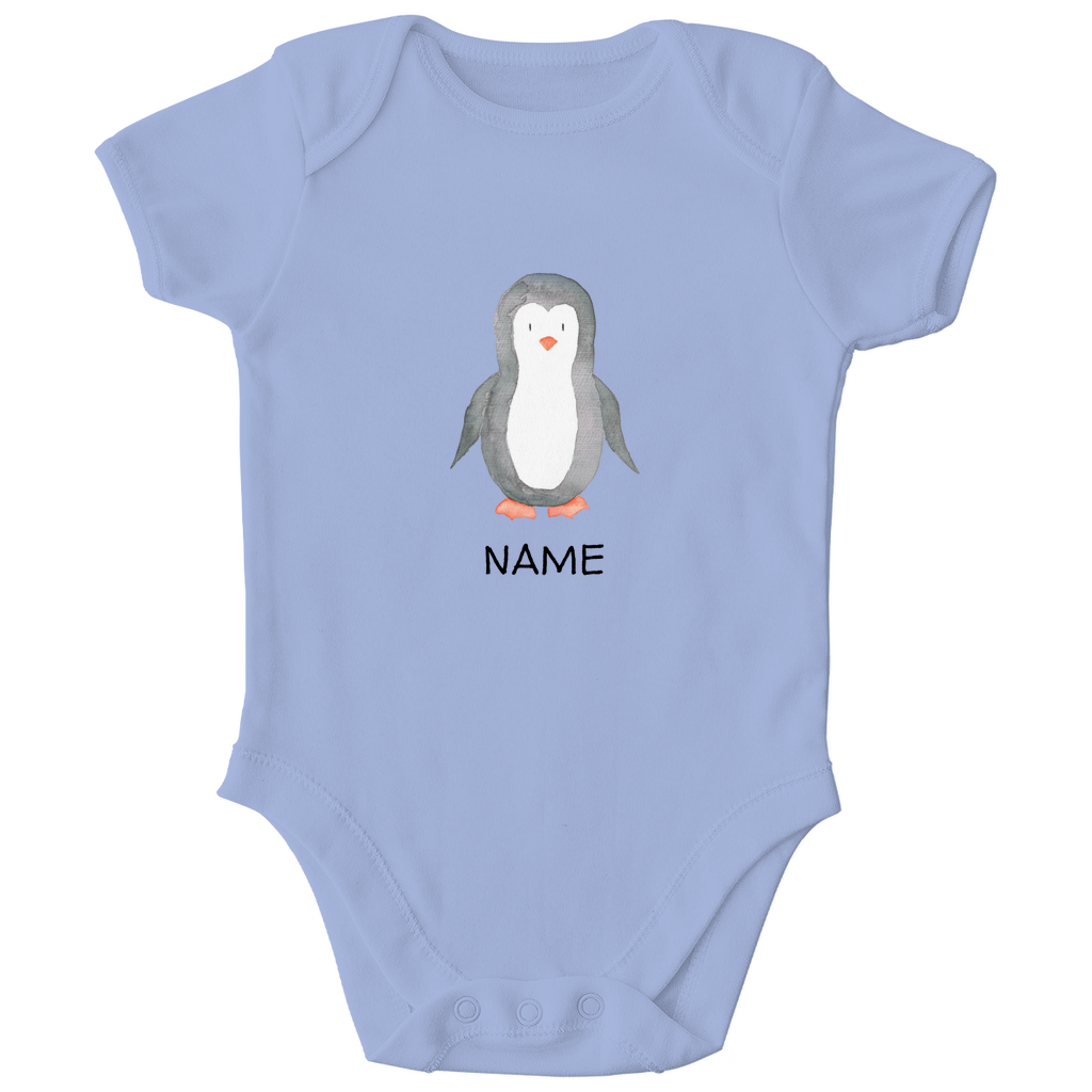 Baby Kurzarm Body "Little Penguin" mit Pinguin Motiv in Hellblau: Handgezeichneter Pinguin in Aquarell-Optik, personalisierbar mit Wunschname