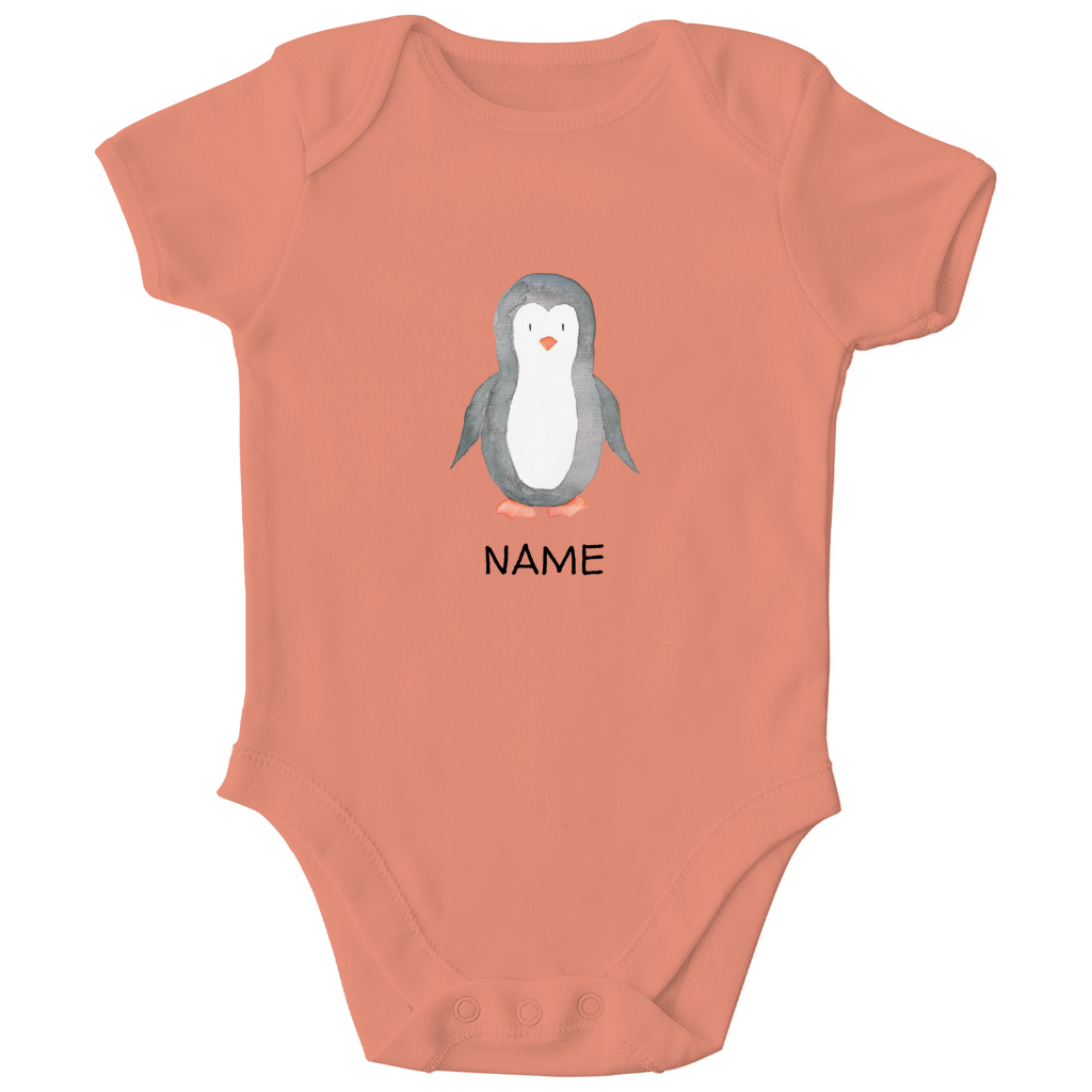 Baby Kurzarm Body "Little Penguin" mit Pinguin Motiv in Orange: Handgezeichneter Pinguin in Aquarell-Optik, personalisierbar mit Wunschname