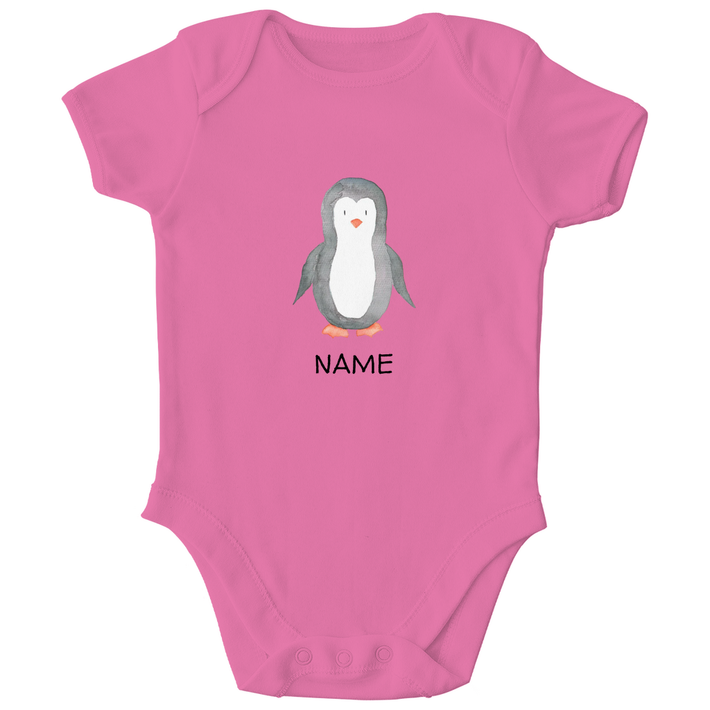 Baby Kurzarm Body "Little Penguin" mit Pinguin Motiv in Pink: Handgezeichneter Pinguin in Aquarell-Optik, personalisierbar mit Wunschname