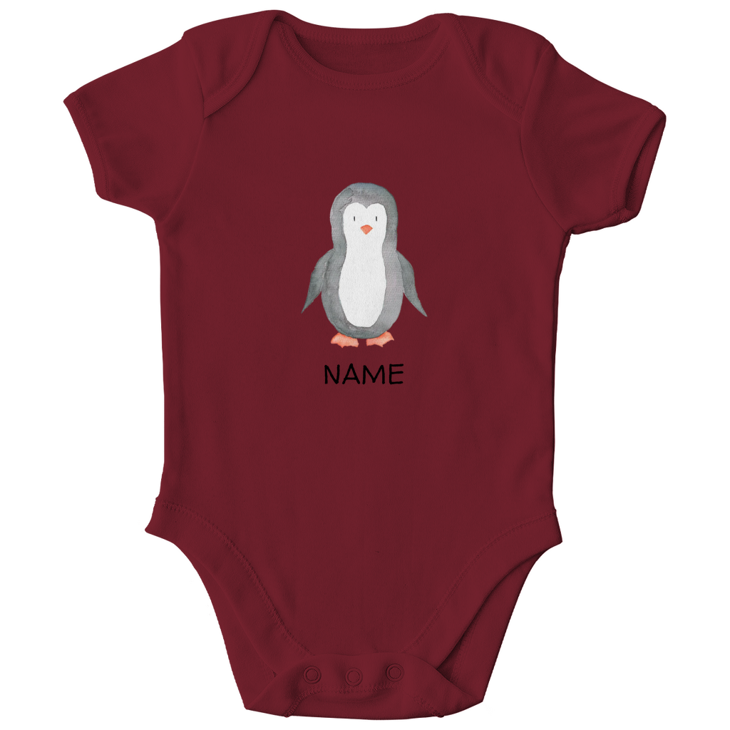 Baby Kurzarm Body "Little Penguin" mit Pinguin Motiv in Rot: Handgezeichneter Pinguin in Aquarell-Optik, personalisierbar mit Wunschname