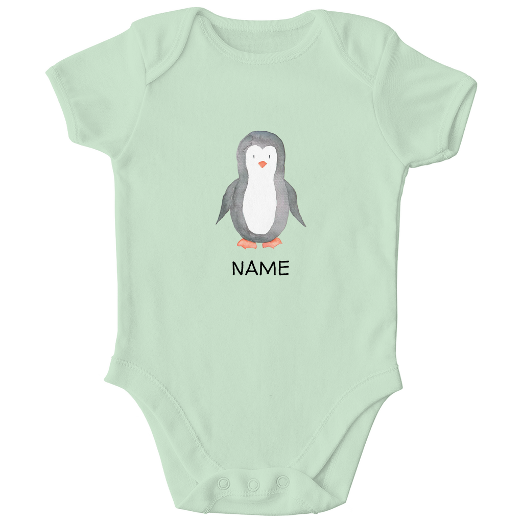 Baby Kurzarm Body "Little Penguin" mit Pinguin Motiv in Sage: Handgezeichneter Pinguin in Aquarell-Optik, personalisierbar mit Wunschname