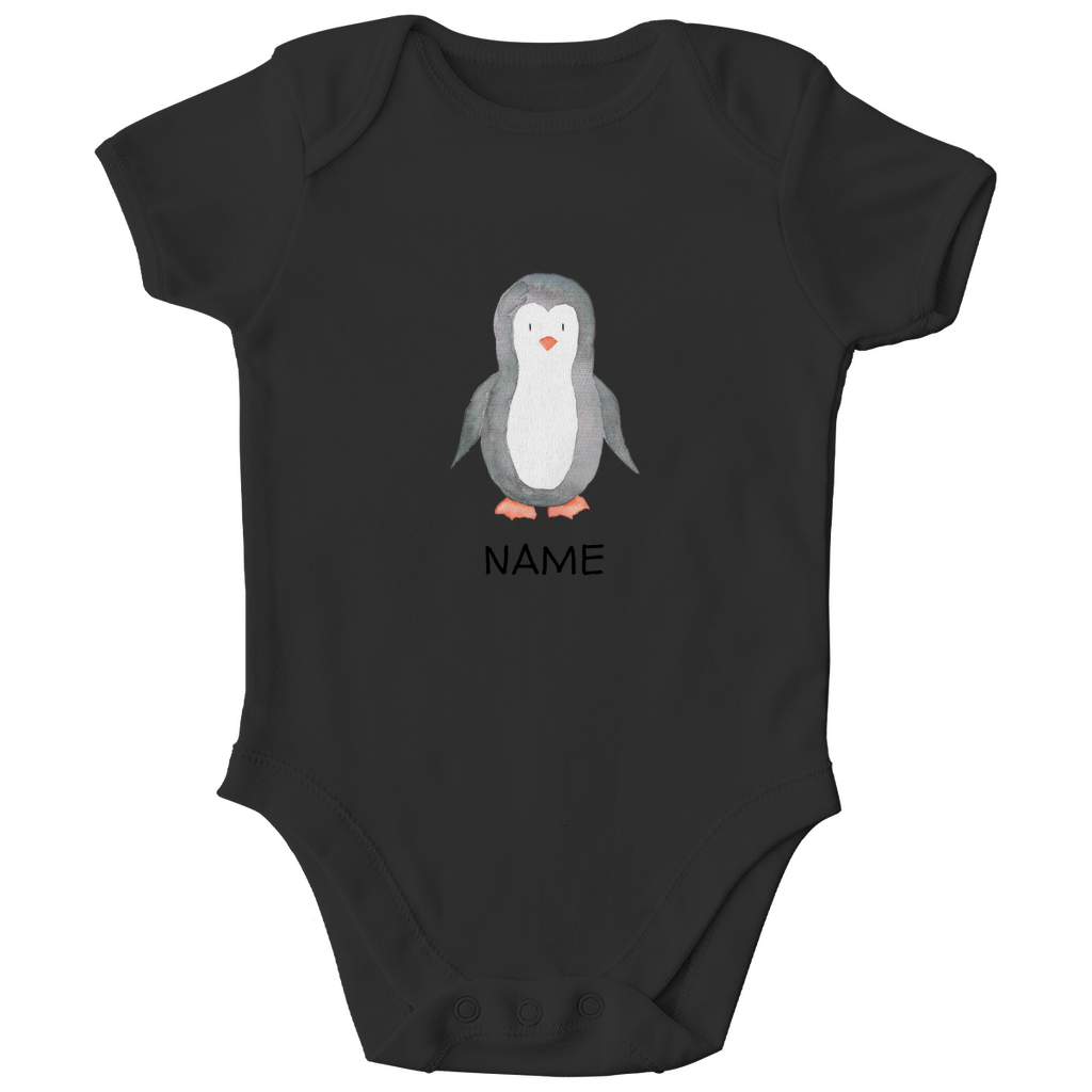 Baby Kurzarm Body "Little Penguin" mit Pinguin Motiv in Schwarz: Handgezeichneter Pinguin in Aquarell-Optik, personalisierbar mit Wunschname
