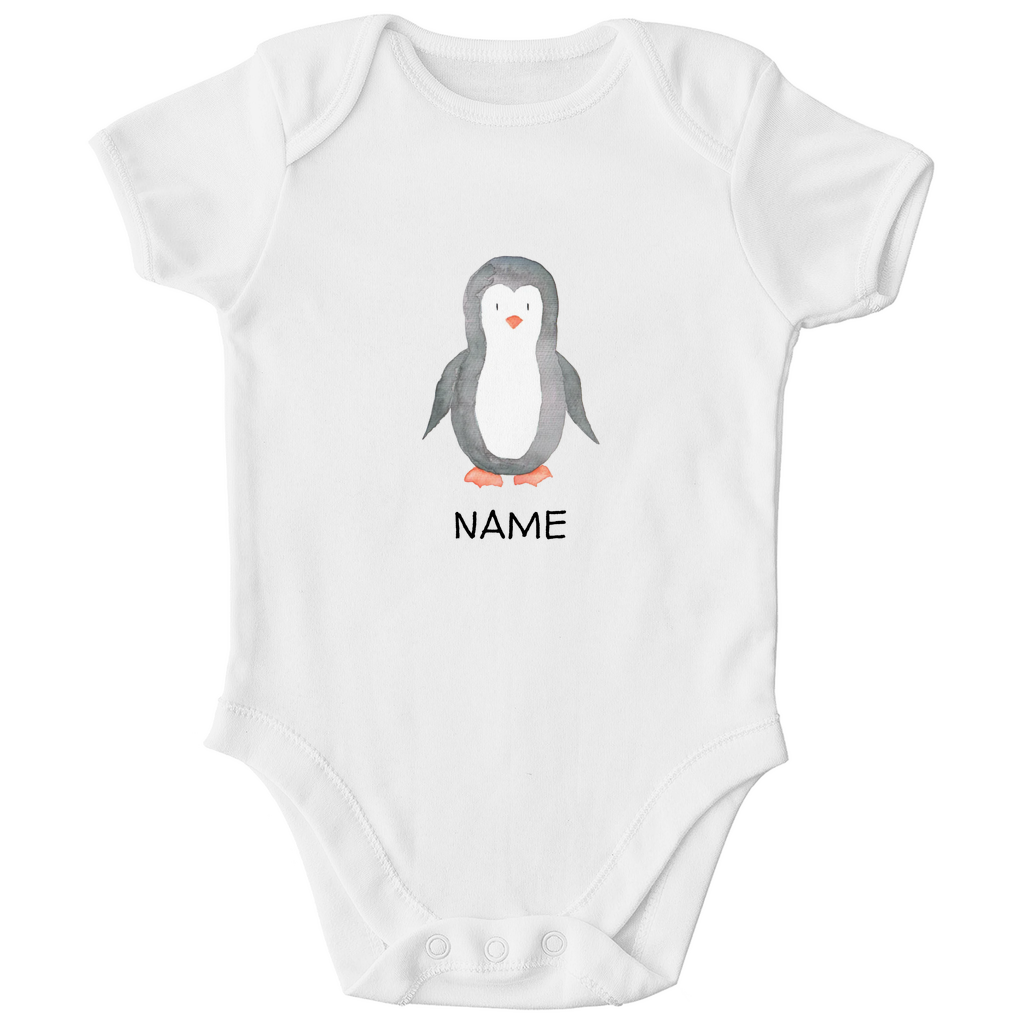 Baby Kurzarm Body "Little Penguin" mit Pinguin Motiv in Weiß: Handgezeichneter Pinguin in Aquarell-Optik, personalisierbar mit Wunschname
