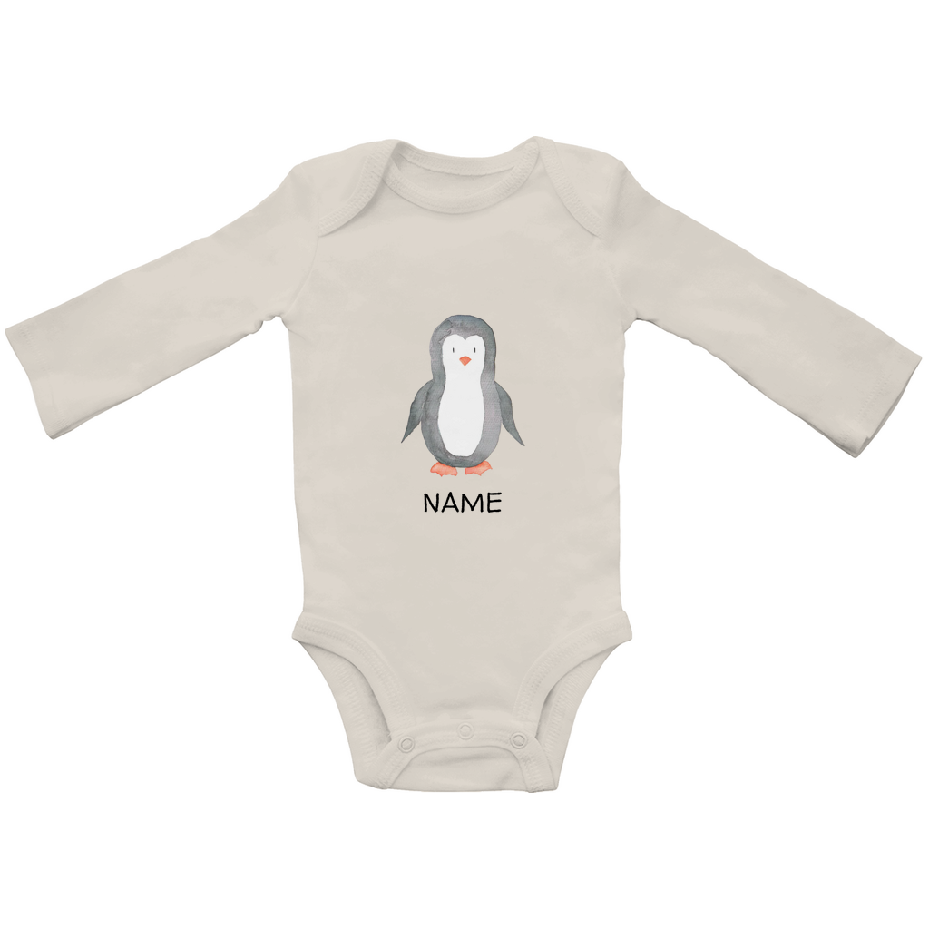 Baby Langarm Body "Little Penguin" Pinguin Motiv in Beige: Handgezeichneter Pinguin in Aquarell-Optik, personalisierbar mit Wunschname