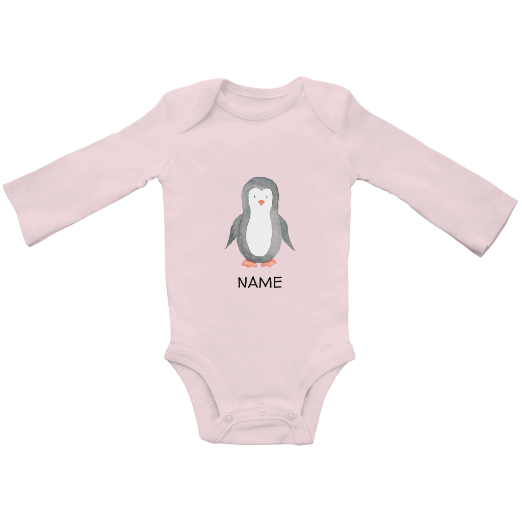 Baby Langarm Body "Little Penguin" Pinguin Motiv in Rosa: Handgezeichneter Pinguin in Aquarell-Optik, personalisierbar mit Wunschname
