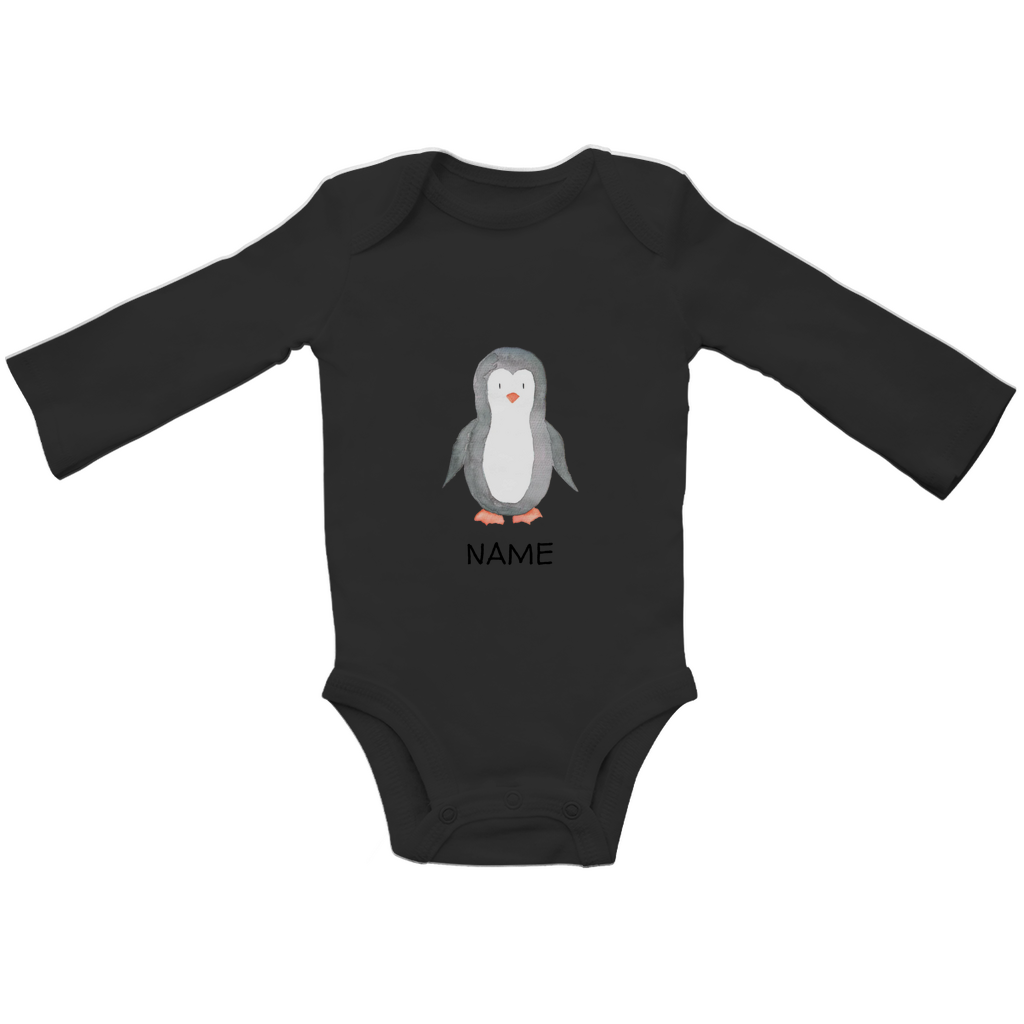 Baby Langarm Body "Little Penguin" Pinguin Motiv in Schwarz: Handgezeichneter Pinguin in Aquarell-Optik, personalisierbar mit Wunschname