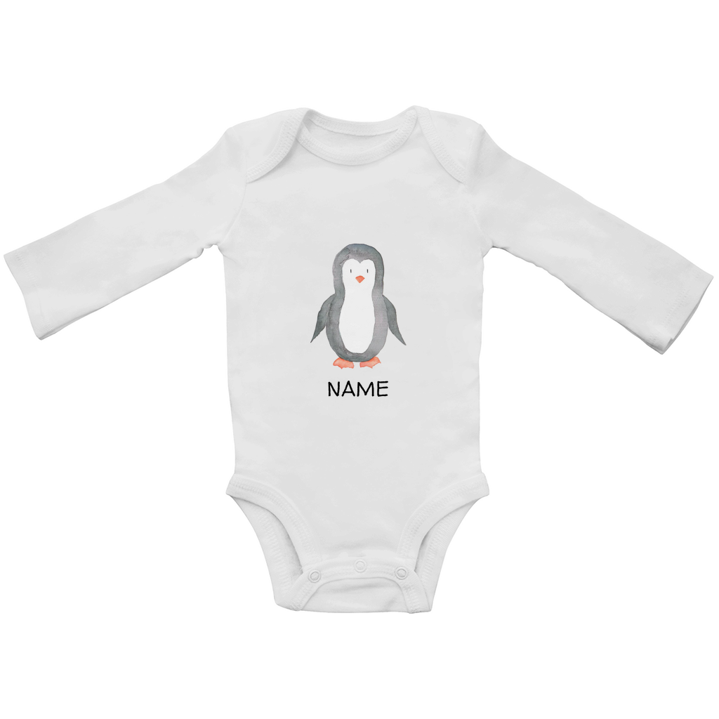 Baby Langarm Body "Little Penguin" Pinguin Motiv in Weiß: Handgezeichneter Pinguin in Aquarell-Optik, personalisierbar mit Wunschname