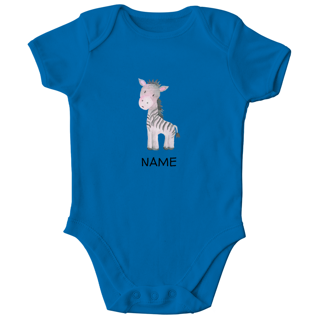 Baby Kurzarm Body "Little Zebra" süßes Tiermotiv in Blau: Handgezeichnetes Zebra in Rosa- und Grautönen, personalisierbar mit Namen