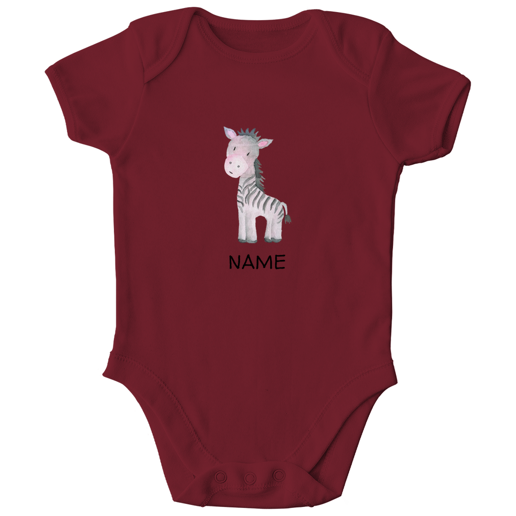 Baby Kurzarm Body "Little Zebra" süßes Tiermotiv in Burgundy Weinrot: Handgezeichnetes Zebra in Rosa- und Grautönen, personalisierbar mit Namen
