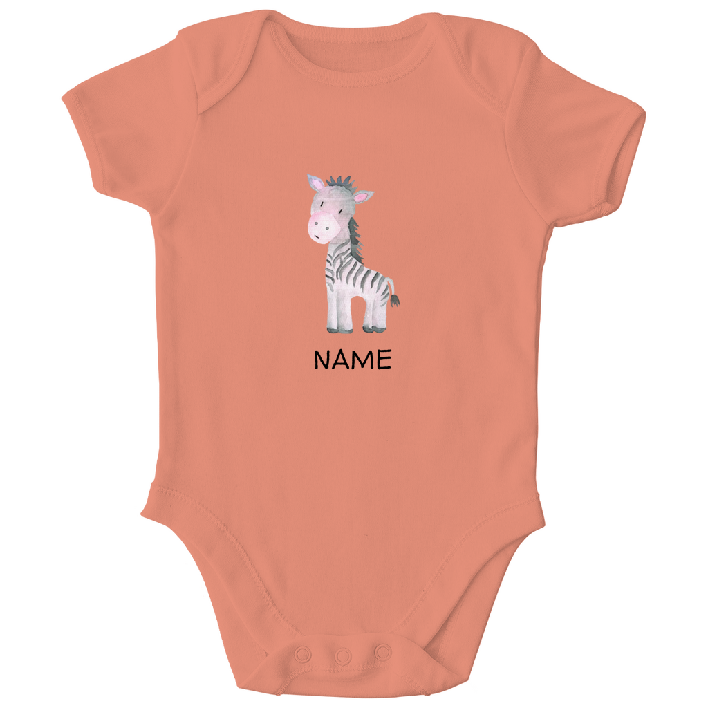 Baby Kurzarm Body "Little Zebra" süßes Tiermotiv in Dusty Orange: Handgezeichnetes Zebra in Rosa- und Grautönen, personalisierbar mit Namen
